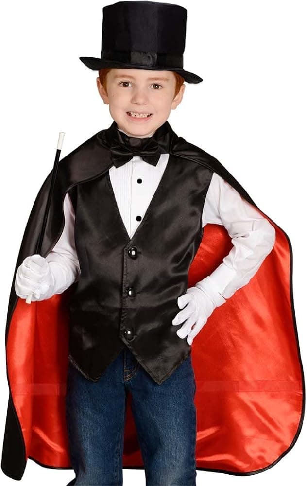 Aeromax Jr. Magician with Cape, Vest, Hat, Gloves, Bowtie and Wand Black/Red, 35-50" in height