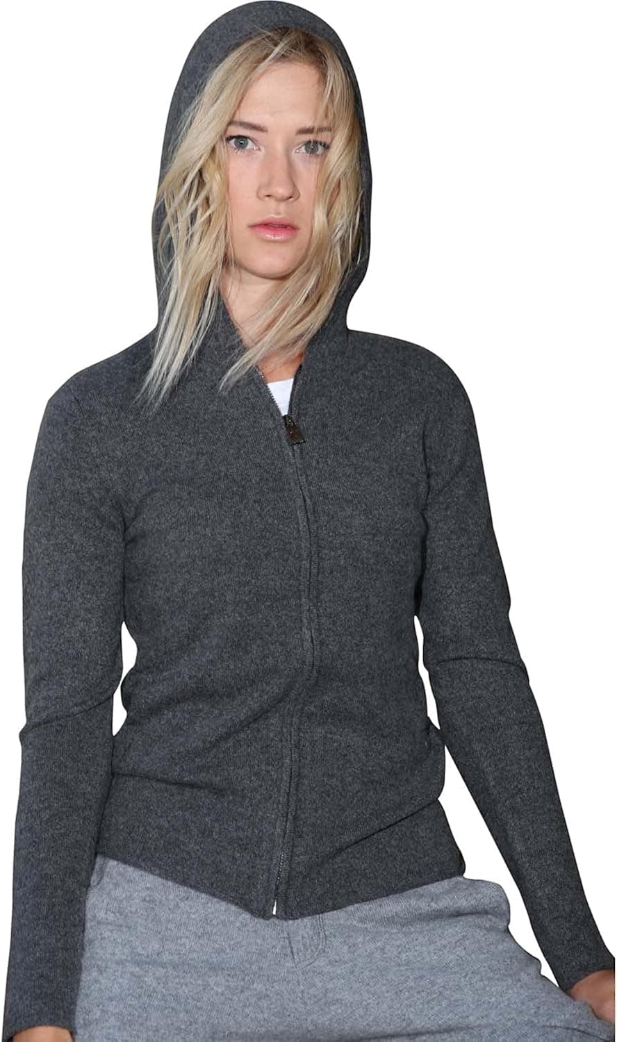 Citizen Cashmere Women's Zip Hoodie Sweater - 100% Cashmere Long Sleeve Jacket No Pockets Sleek