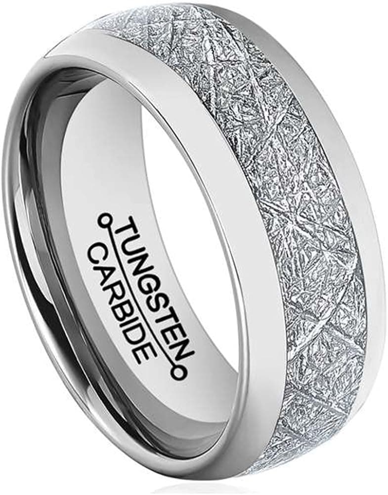 Fashion Month Men 8mm Silver Tungsten Carbide Ring Vintage Meteorites Pattern Wedding Engagement Band Domed Comfort Fit