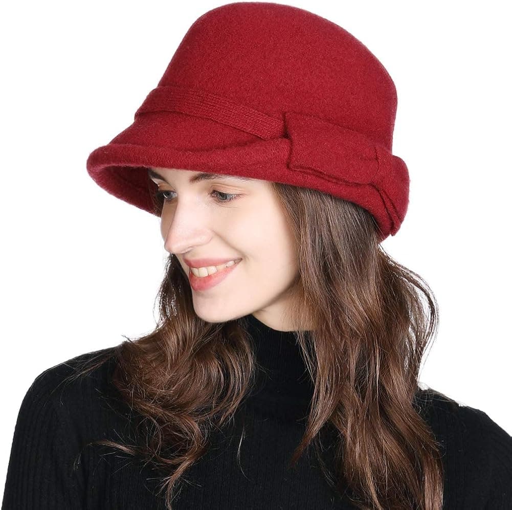 Comhats 2020 New Wool Winter Fedora for Women Felt Vintage 1920s Bucket Round Bowler Hat Cloche Warm Ladies Red