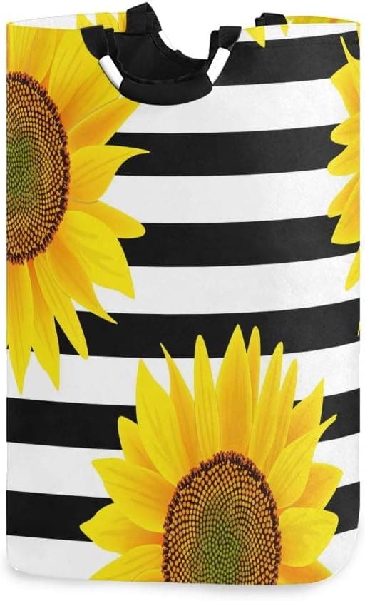 senya Sunflowers Striped Laundry Basket Collapsible Laundry Hamper with Handle Foldable Laundry Bin