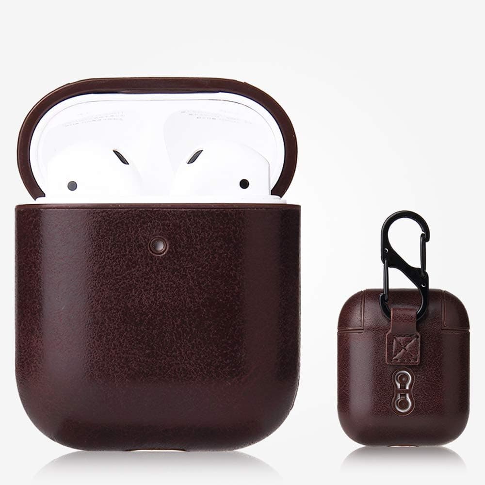 iDream365 AirPod Case [Front LED Visible] Shockproof Protective PC Plastic Inner+PU Leather Crazy Horse Pattern Cover Skin Designed for Apple AirPod 2 & 1, Women Men, with Keychain-Dark Brown
