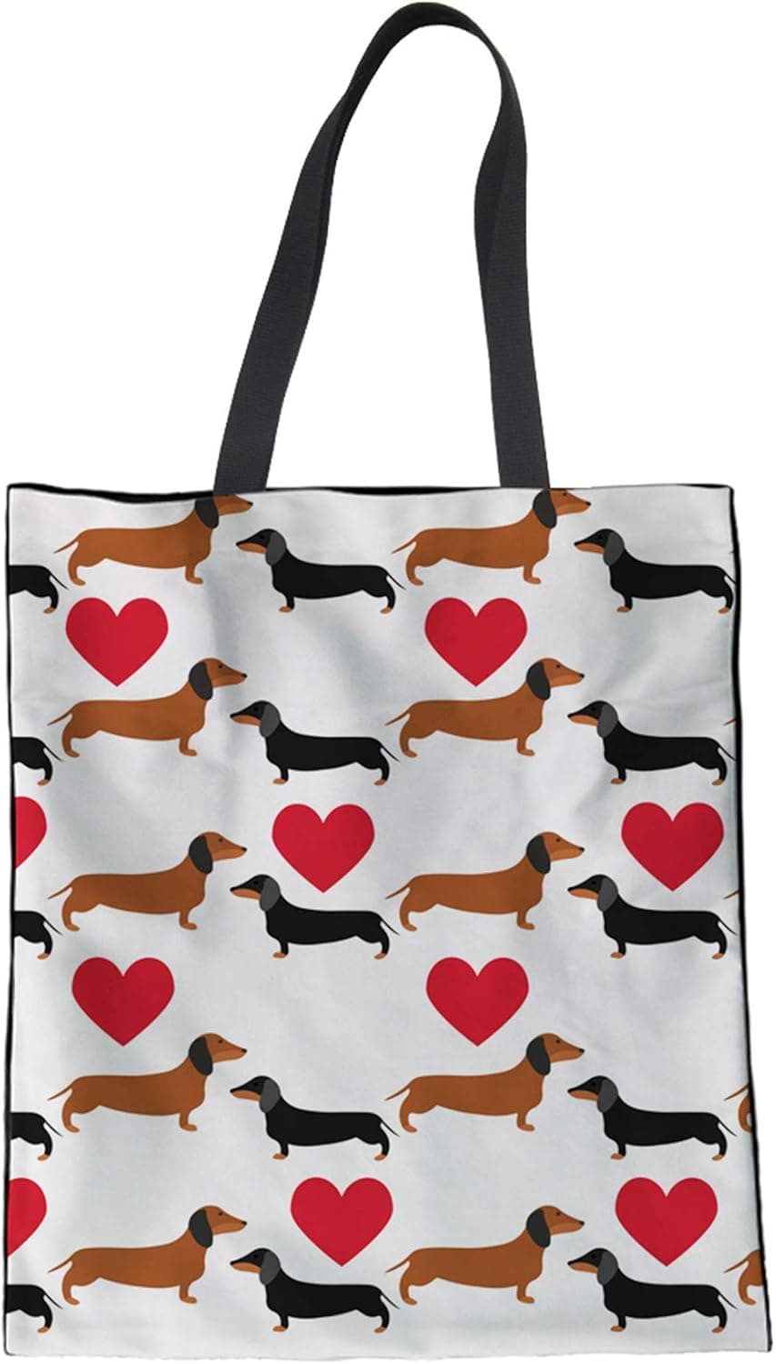 HUGS IDEA Flower Dog Print Linen Tote Bag Shoulder Bag Travel Handbag for Women