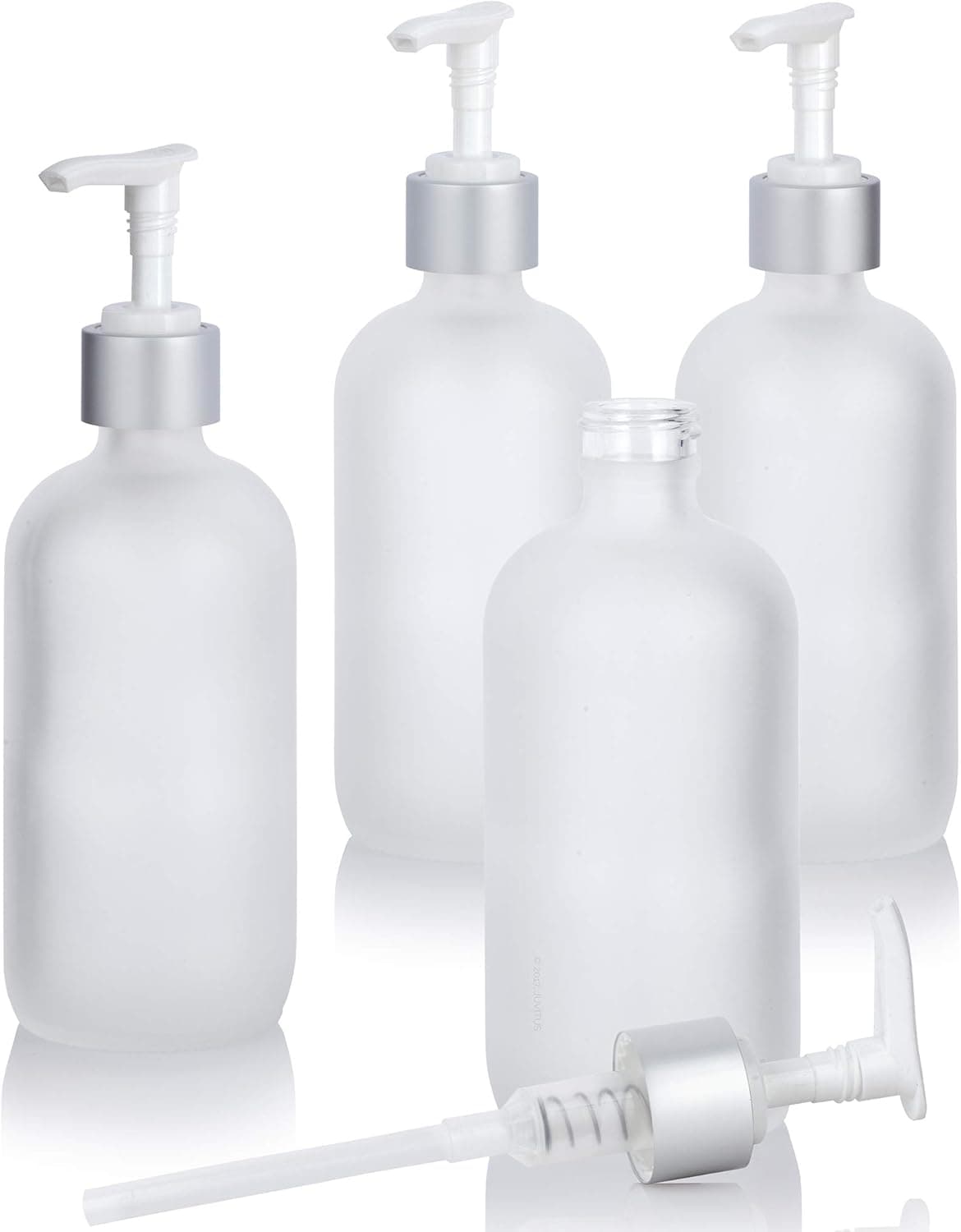 JUVITUS 8 oz / 240 ml Frosted Clear Glass Boston Round Bottle with Silver Lotion Pump (4 Pack)