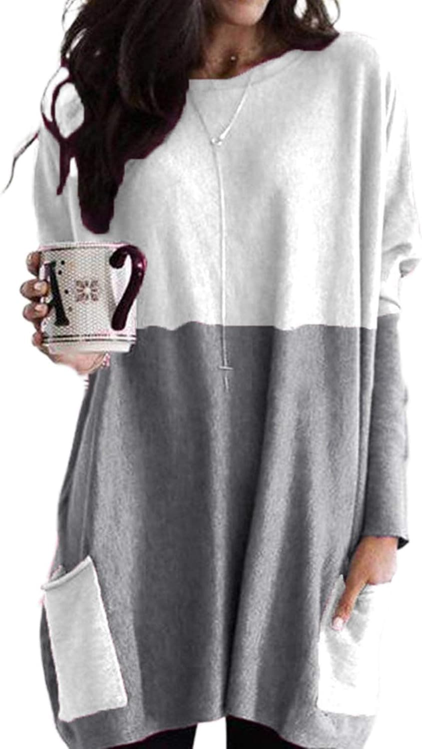 Pevilo Short Sleeve/Long Sleeve Tunic Tops for Women Casual Round Neck Fall Blouses Tops with Pockets