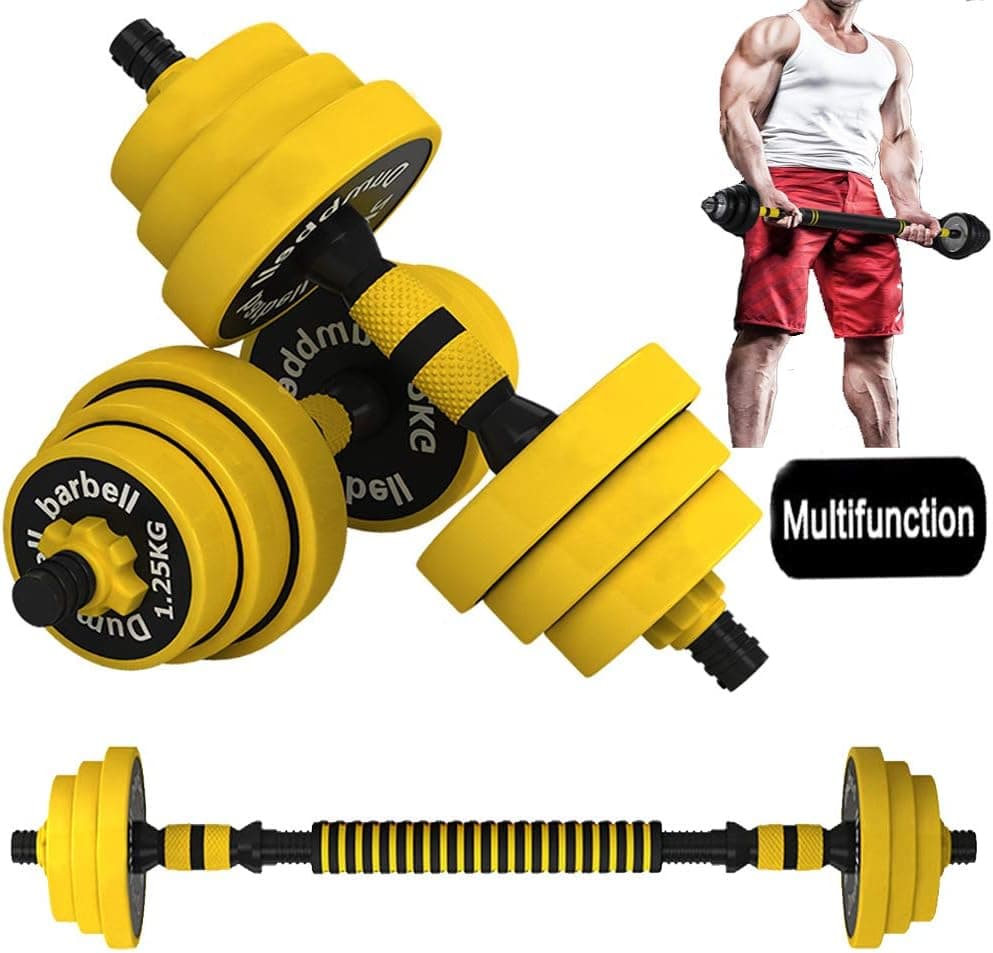 Alderman Weights Dumbbells Set with Connecting Rod, Rubber Non-Slip Barbell Weights Set for Home Gym, (Yellow, Barbell 44LB or 22 LB Dumbbell Pair)