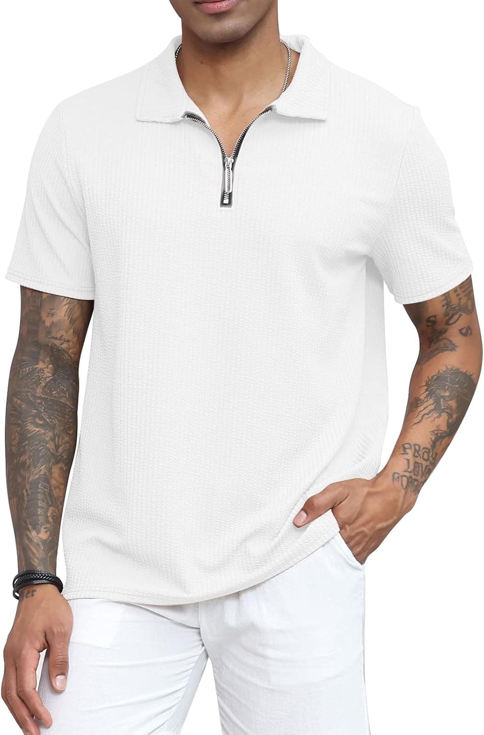 YawYews Men's Casual Zipper Polo Shirts V Neck Short Sleeve Summer Slim Fit Turn-Down Collar Shirts