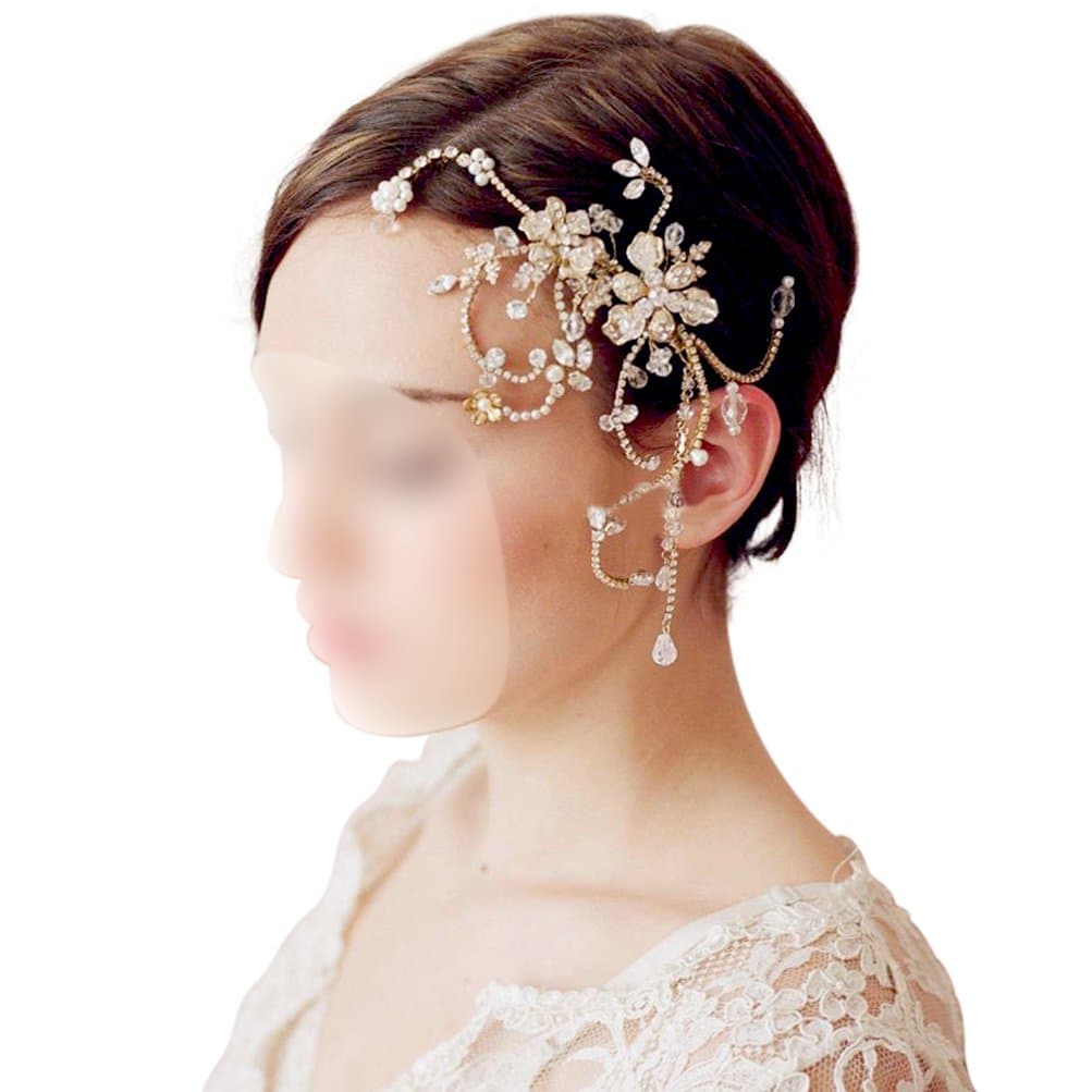 Bridal Hair Combs Handmade Crystal Rhinestone Wedding Hair Accessories with Pearl Flower Tassel Headpiece Gold BlueTop