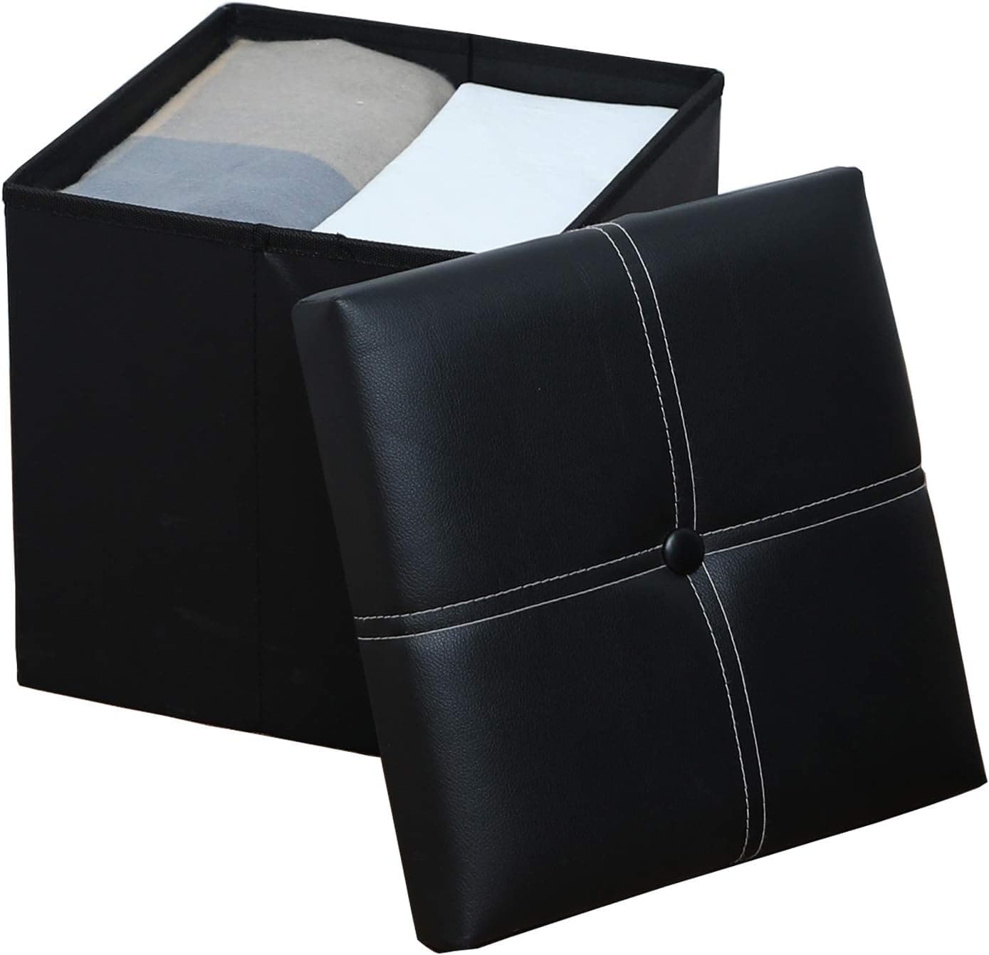 YCOCO Ottoman with Storage Folding Faux Leather,Small Square Foot Rest Stools Furniture,Folding Storage Ottoman,11.8"X11.8"X11.8",Black Pack of 1