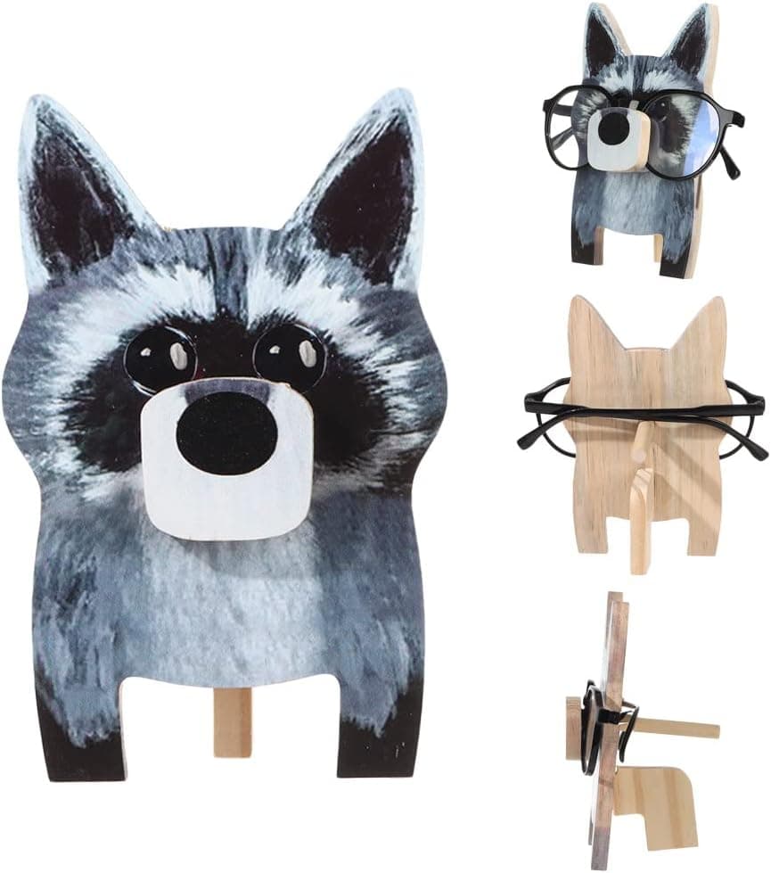 Creative Animal Glasses Rack,3D Handmade Wood Carvings Sunglass Display Stand,Eyeglasses Show Stand Jewelry Holder Showcase (Gray Raccoon)