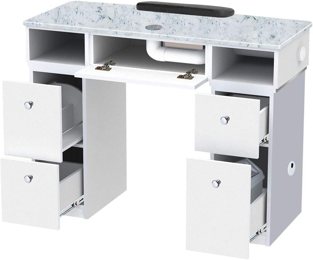 MAYAKOBA NOVA I Manicure Table (with Vent Pipes) Nail Station for Beauty Salon Furniture & Equipment, Marble Top Acetone Resistant & 1UV Hole, Modern White/Silver