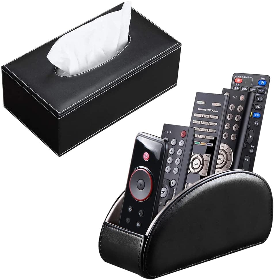 Remote Control Holder, TV Remotes Caddy Organizer for Table and Tissue Box Cover Holder for Bathroom/Vanity Countertop/Night Stand, Rectangular Tissue Dispenser for Napkin Paper Towel, PU Leather