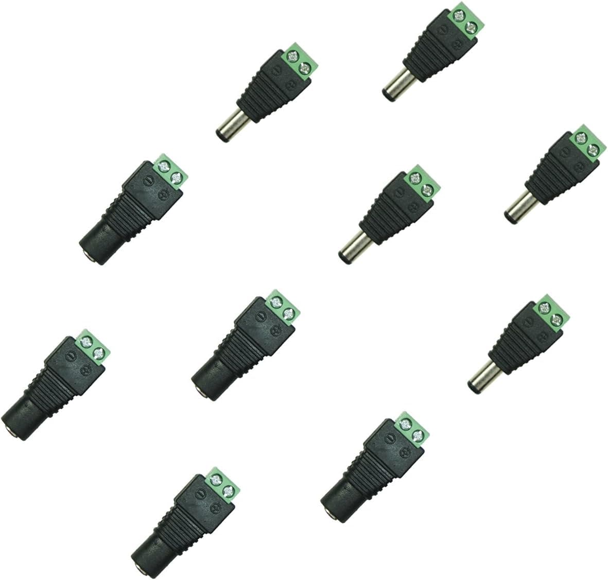 UnvarySam DC Power Connector 5-pair Male and Female 2.1x5.5mm DC Power Jack Plug Adapter for 2-pin Led Strip CCTV Security Camera (5pair Male&Female Connector)