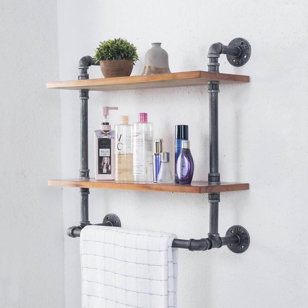 Tianman(24" Wide,10" deep,2 Tier Industrial Retro Reclaimed Wall Mounted Wooden Pipe Bathroom Towel Rack,Towel Holder,Bathroom Decor Shelves,Towel Storage