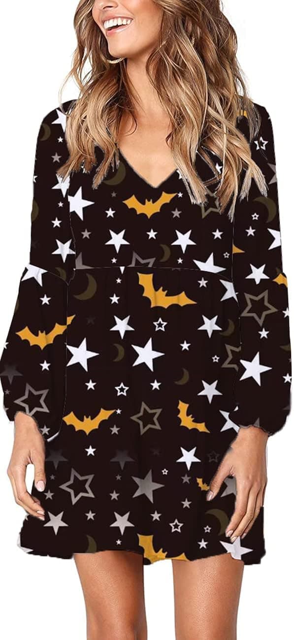 Women's Cute Bell Sleeve Blue Rabbit Print Pleated Easter Bunny Dress