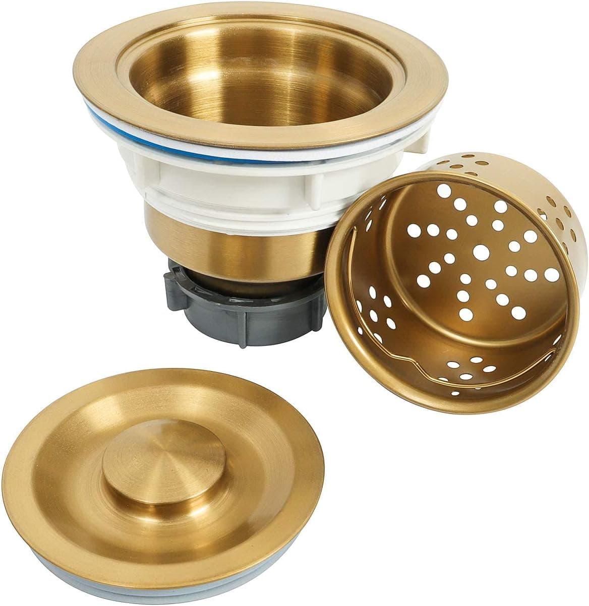 LQS Kitchen Sink Drain Strainer Assembly, Sink drain 304 Stainless Steel with Removable Deep Waste Basket and Sealing Lid 3-1/2-inch Golden