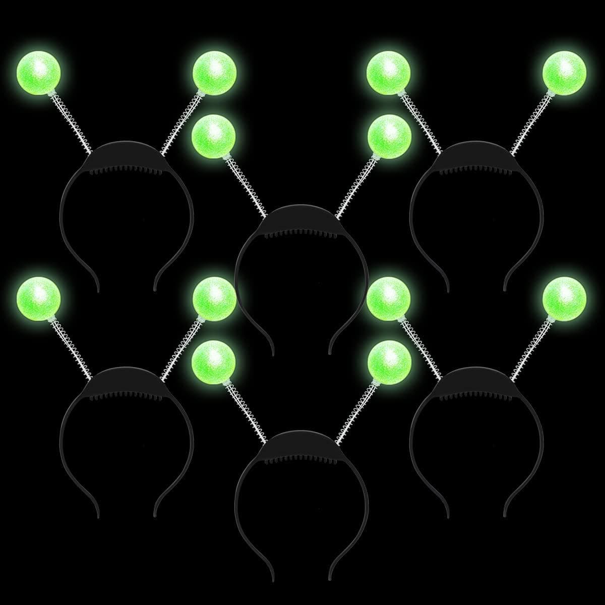 JOYIN 6 Pack Green LED Martian Antenna Headband Set, Alien Head Bopper Balls, Light UP Martian Headbands Glowing Alien Headpiece for Kids Party Favor Halloween Party Costume Accessory