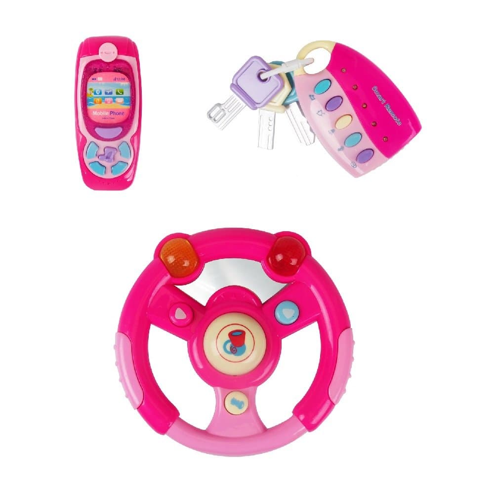 Luke4deals 3 in 1 Interactive Musical Toys - Steering Wheel, Cell Phone & Car Keys Set with lights, music and sounds - Toys for girls kids or toddlers