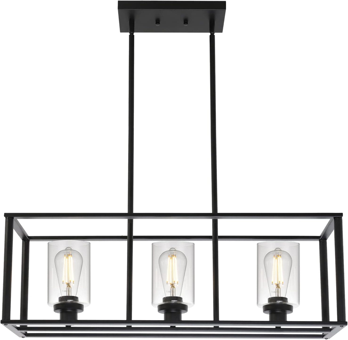 VINLUZ 3 Light Kitchen Island Pendant Lighting Black Contemporary Industrial Linear Chandelier with Clear Glass Shade for Dining Room Kitchen Island Living Room