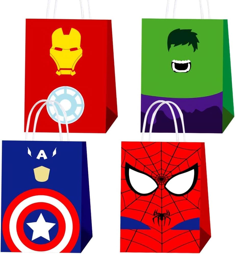QICI 16 Pcs Superhero Party Gift Bags Party Supplies Decorations Birthday Party Favors Treat Goodie Bags for Kids Girls Take Candies, Toys, Gifts for Kids Superhero Themed Party