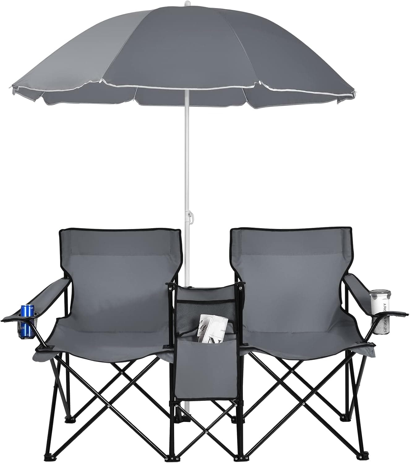 Goplus Double Folding Picnic Chairs w/Umbrella Mini Table Beverage Holder Carrying Bag for Beach Patio Pool Park Outdoor Portable Camping Chair (Grey)