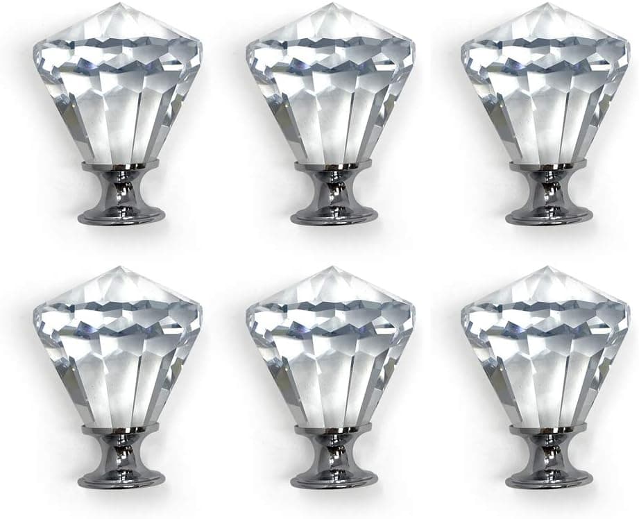 Isaac Jacobs Diamond Shape (53 MM) Crystal Knobs Set of 6, Cabinet Knobs with Screws, Drawer Pulls, Glass, for Dresser, Bathroom, Bedroom, Kitchen, Living Room & More (6, Silver Base)
