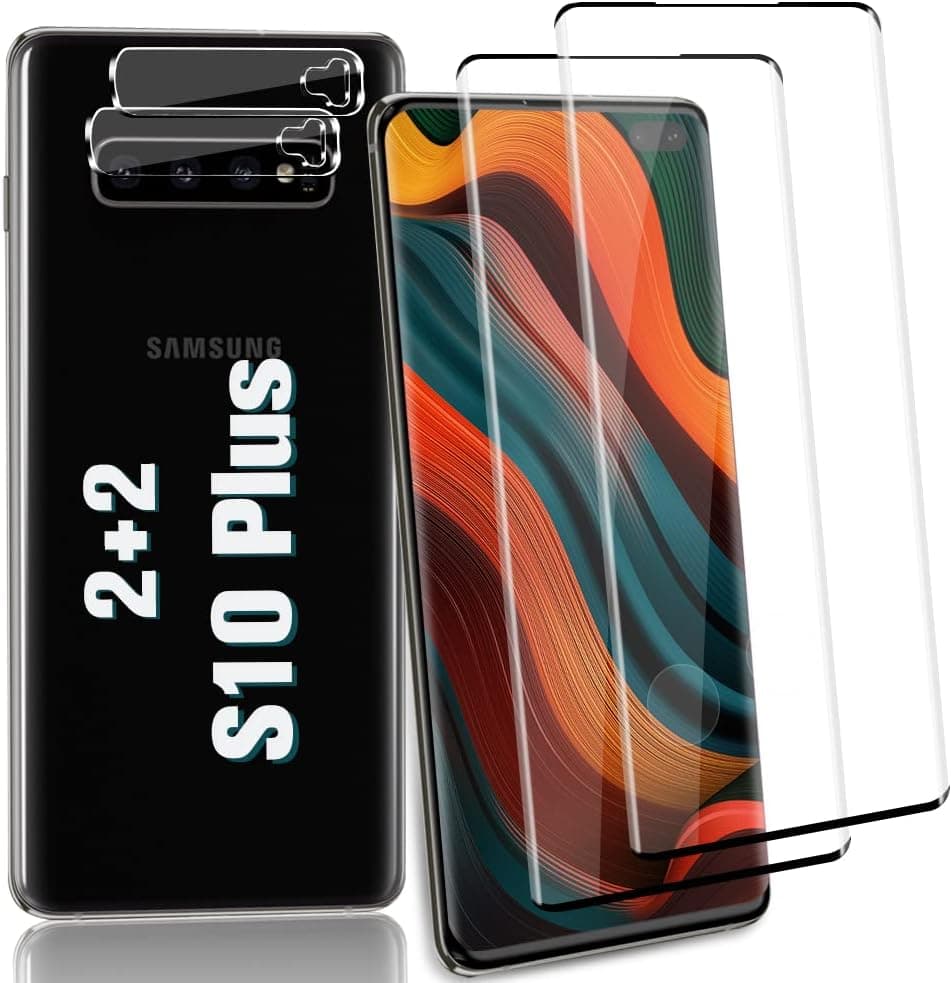 [2+2 Pack] Galaxy S10 Plus Screen Protector, 9H Tempered Glass Scratch Resistant, Ultrasonic Fingerprint Support, 3D HD Curved, Bubble Free, for Samsung Galaxy S10 Plus / S10 +(6.4") Screen Protector
