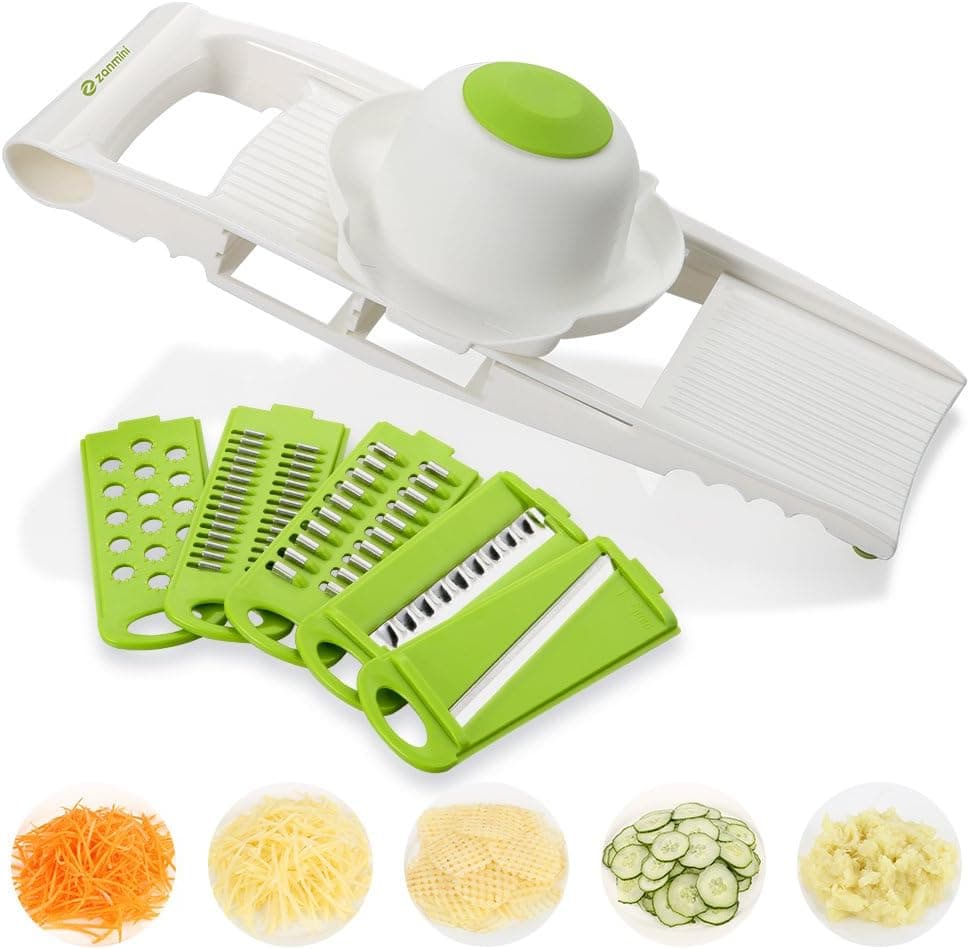 Zanmini Vegetable Cutter Food Chopper,5 in 1 Multi-functional Food Slicer Cheese Grater Kitchen Set comes with Food Holder, Fruit Peeler and 5 Stainless Steel Blades,Best Hand-held