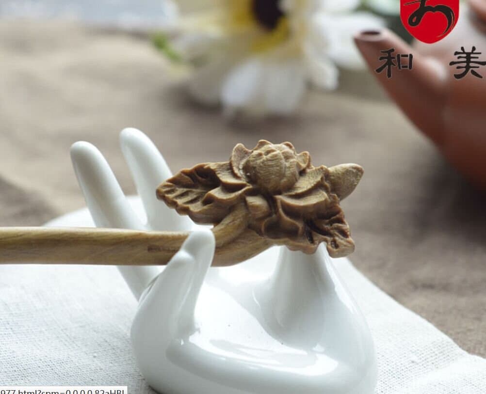 USonline911 Green Sandalwood Handmade Carved Wooden Hair Stick Flower Styles (Lotus flower)