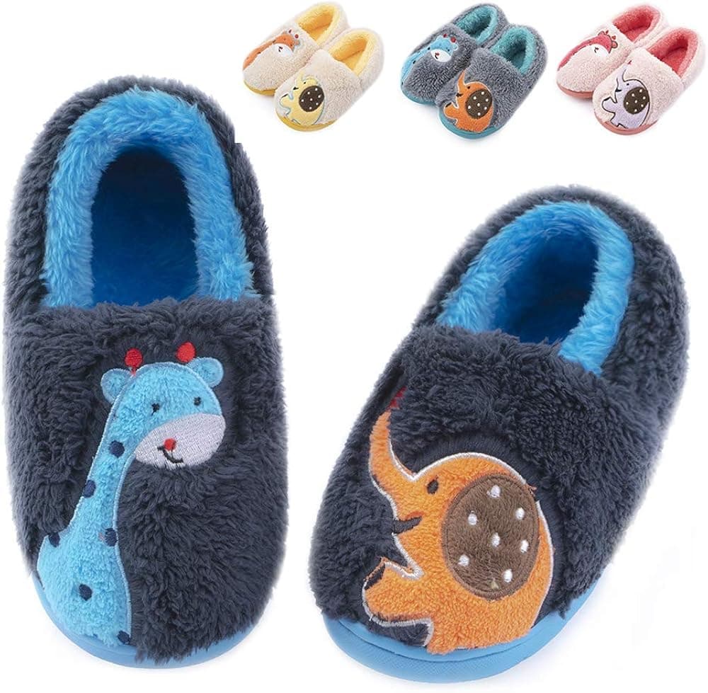 Toddler Boys Girls Warm Soft Slippers Cute Fluffy Plush Little Kids Slippers Fur Lined Non-Slip Animal Indoor Or Outdoor Shoes Navy180.