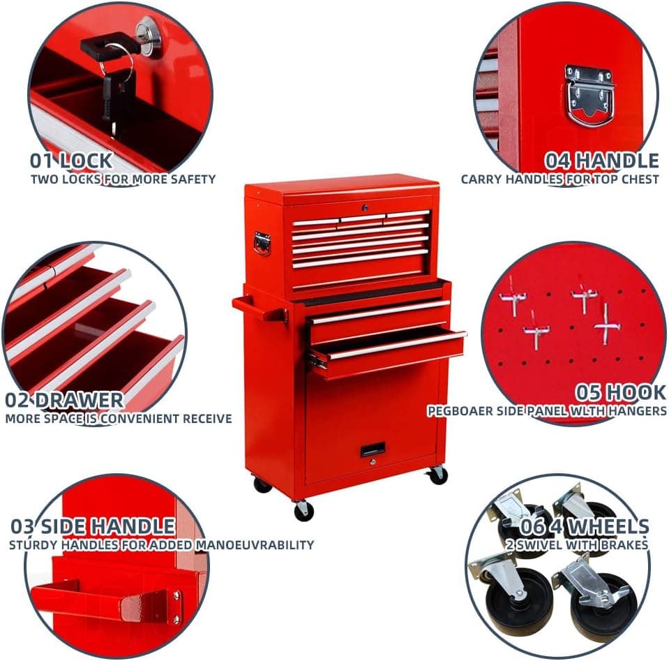 Tool Box 8-Drawer Rolling 2 in 1 Tool Cabinet With Drawer Removable Tool Box,Keyed Locking System Toolbox Organizer Boxes,Red