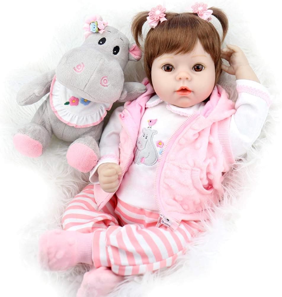 Aori Reborn Baby Doll 22 Inch Realistic Lifelike Toddler Girl Dolls with Pink Clothes and Hippo Doll Accessories