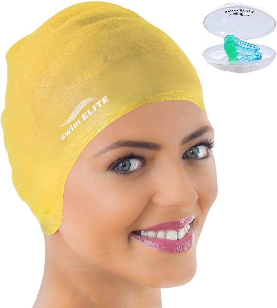 Silicone Swim Cap for Long Hair, Swimming Cap for Women Long Hair, Flexible Adult Swimmers Cap, Waterproof Bathing Swimming Pool Cap with Nose Clip, Stretchy and Lightweight, Keep Hair Dry