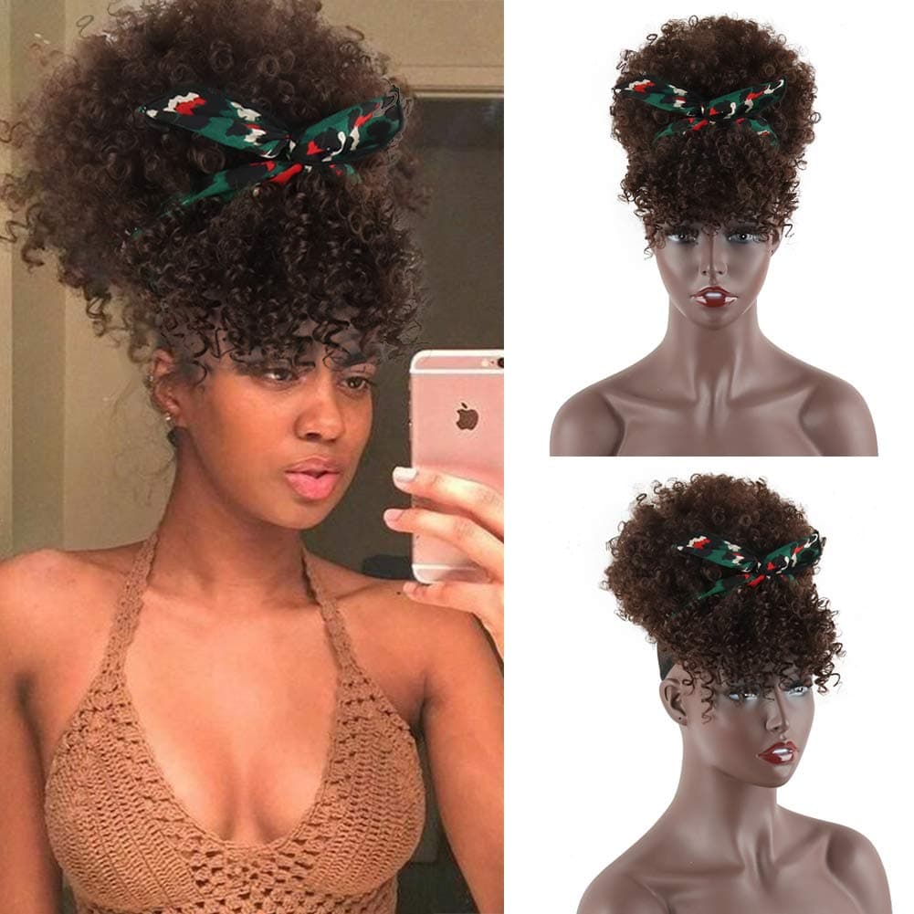 Short Afro Puff Hair Bun Drawstring Ponytail With Bangs Synthetic Short Kinky Curly Ponytail Clip in on Wrap Updo Hair Extensions ,Natural looking Curly Women Hairpieces (4#)