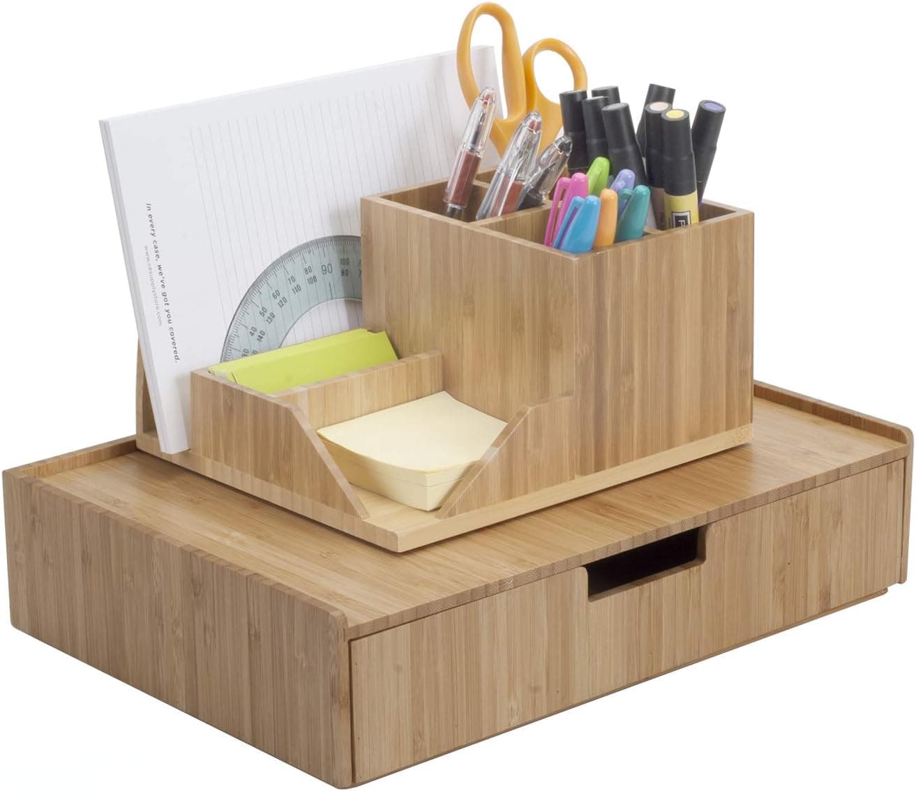 Bamboo Large Drawer Plus Desktop Organizer with Compartments Combo for Office Products Paper, pens, Pencils, Scissors, notepads, Business Cards & More