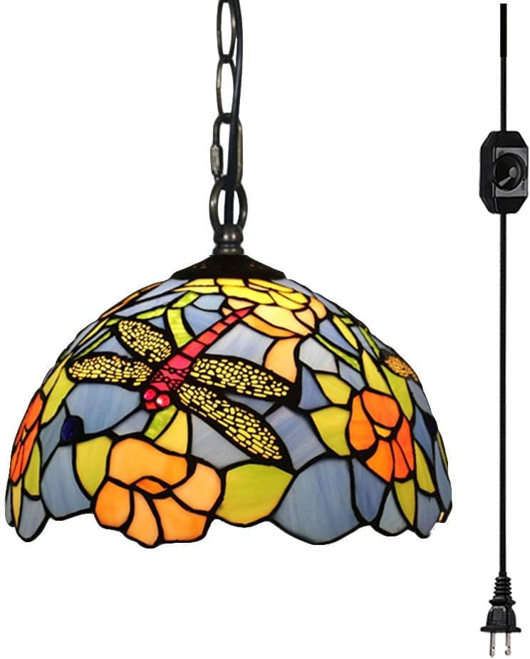 STGLIGHTING Colorful Baroque Handmade Glass Shade Mediterranean Tiffany Style Iron Chain Chandelier with 20ft Plug-in Dimmable Cord Decorative Pendant Light Bulb Not Included