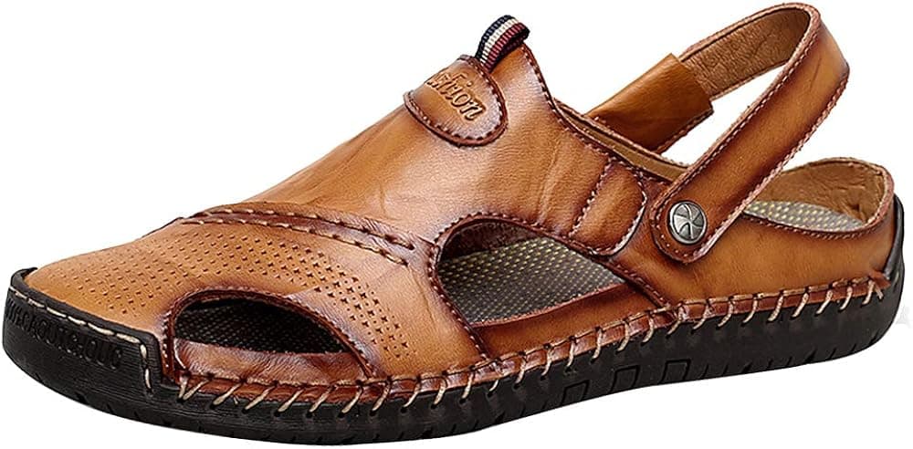 JAMONWU Men's Sports Sandals Loafer Driving Shoes Summer Leather Outdoor Fisherman Sandal Flats Boat Shoes Slip-on Beach Sandals(10 M US,Brown-Belt Loop)