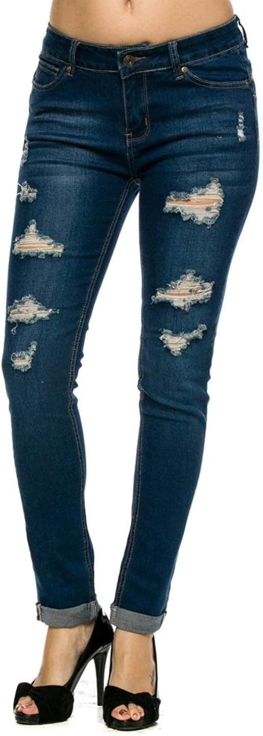 Wax Denim Women's Juniors Distressed Slim Fit Stretchy Skinny Jeans