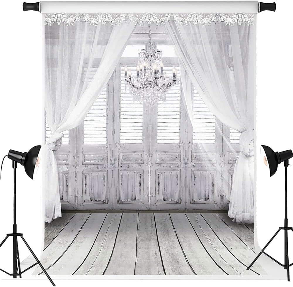 Kate Wedding Backdrops for Photoshoot White Curtain Chandelier Background Vintage Wood Floor Backdrop for Photo Studio 10x10ft