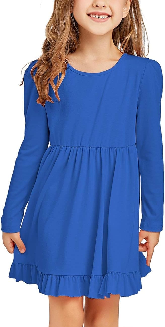 GRAPENT Girls Casual Long Sleeve Ruffled Empire Waist Plain Tunic Shirt Dress