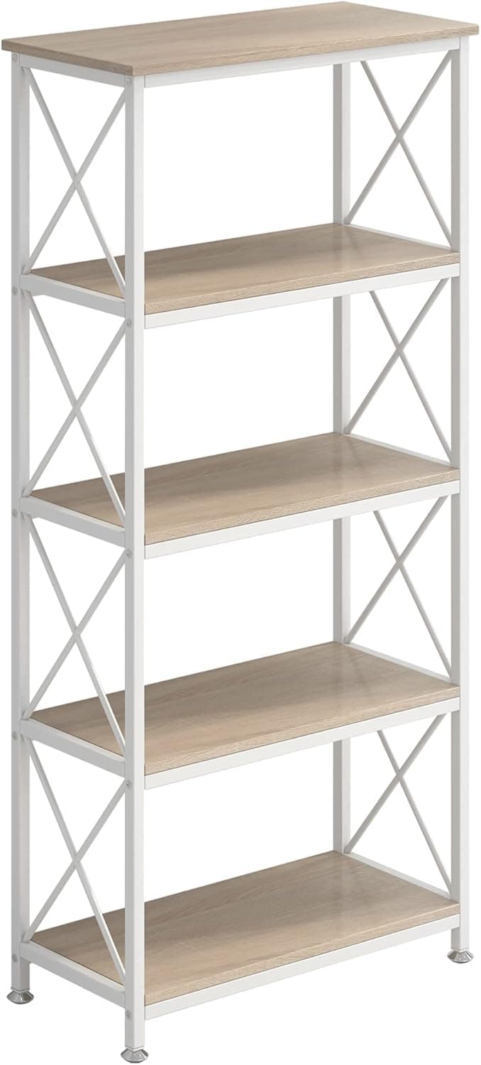 4NM Adjustable Bookshelf 5 Tiers Storage Shelves Kitchen Standing Racks Vintage Bookcase for Study Organizer Home Office Pantry Closet Kitchen Laundry 23.6x11.8x56.5 inches (Natural and White)