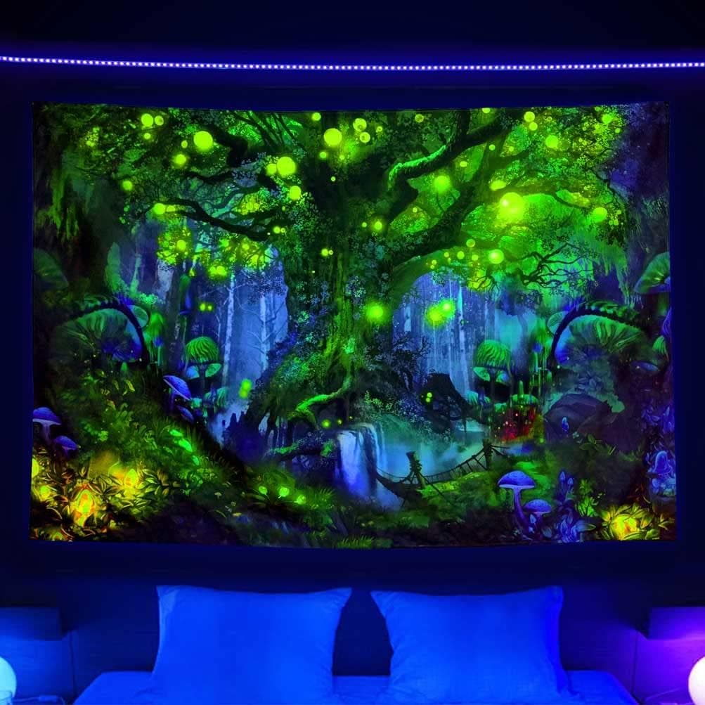 Blacklight Tree Tapestry UV Reactive Trippy Mushroom Fantasy Plant Magical Forest Aesthetic Tapestry Black Light Poster Fairy Tales Boho Tapestry Wall Hanging for Bedroom Living Room Dorm, 60X40in