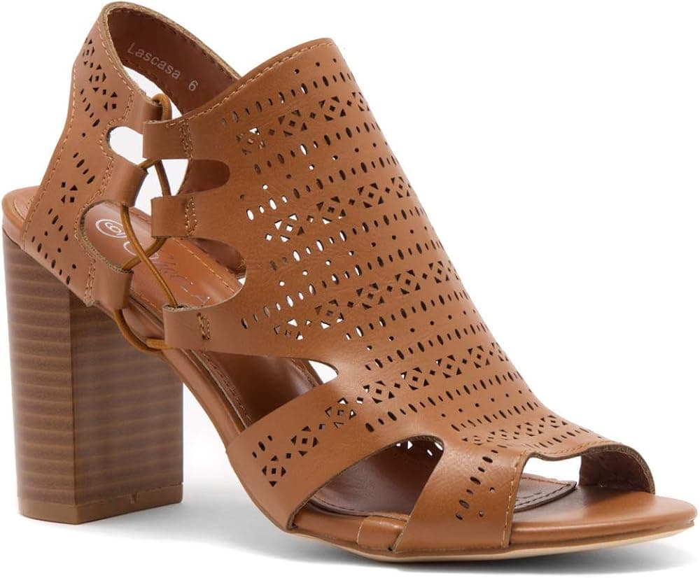 Shoe Land Lascasa Women's Laser Cut Open Toe Block Chunky Stacked Heel Sandal Mid Heel Comfortable Walking Shoes Tan 11.0