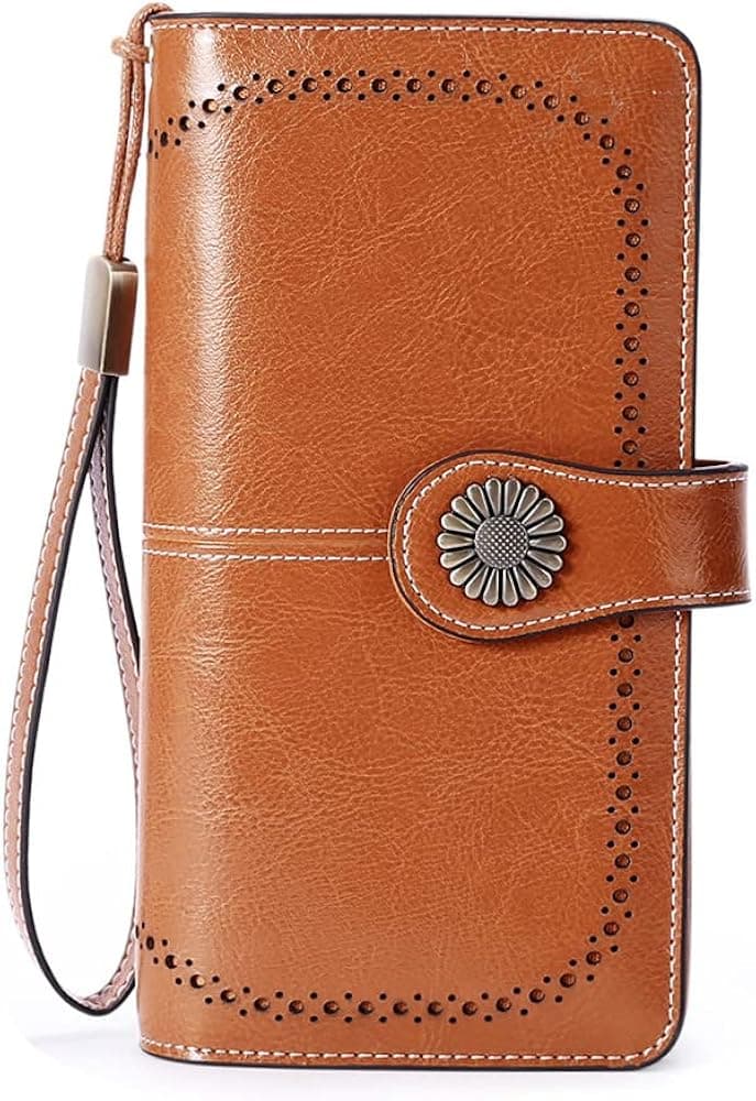 Large Capacity RFID Blocking Genuine Leather Wallets for Women with Wristlet Trifold Ladies Billfold with Zipper by UMODE