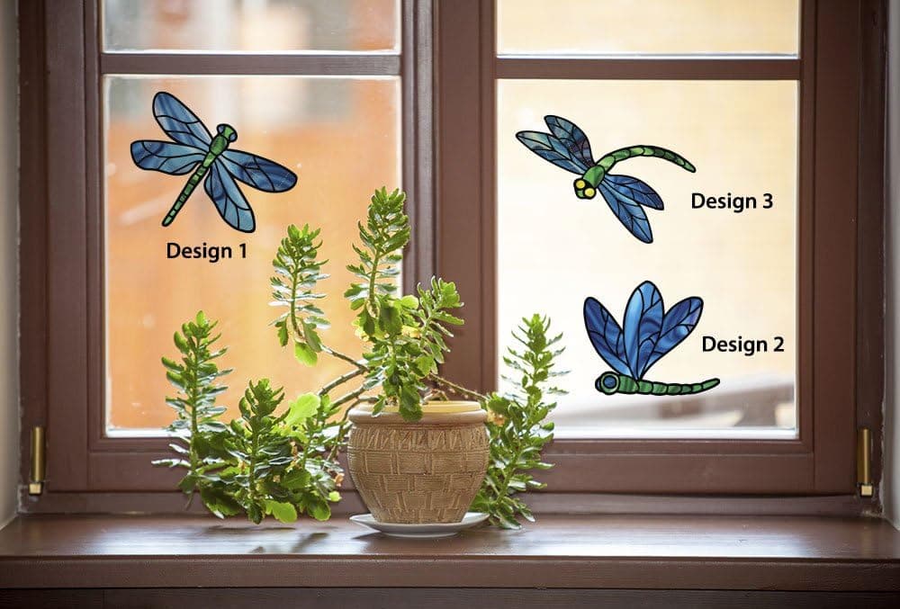 Dragonfly Decal in Stained Glass Style - 3-Pack Dragonflies - See-Through Vinyl Window Decal - Yadda-Yadda Design Co. (Set of 3 Blue)