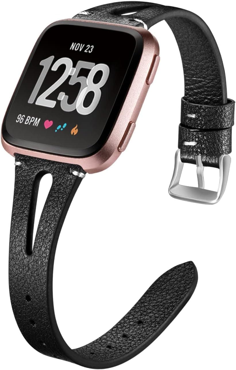 Wepro Leather Bands Compatible with Fitbit Versa/Versa 2/Versa Lite SE Watch for Women Men, Small, Slim Genuine Leather Wristbands Bracelet Fitness Straps for Fitbit Versa & Versa Lite SE, Black
