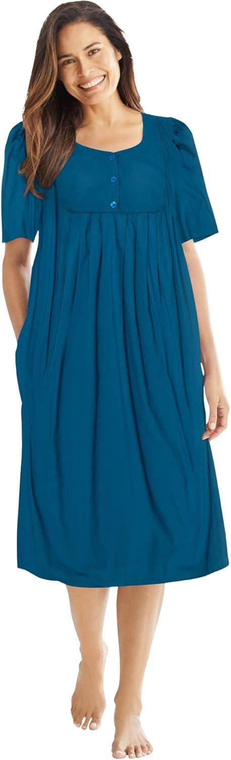 Only Necessities Women's Plus Size Mixed Print Short Lounger House Dress or Nightgown - 2X, Deep Teal Blue