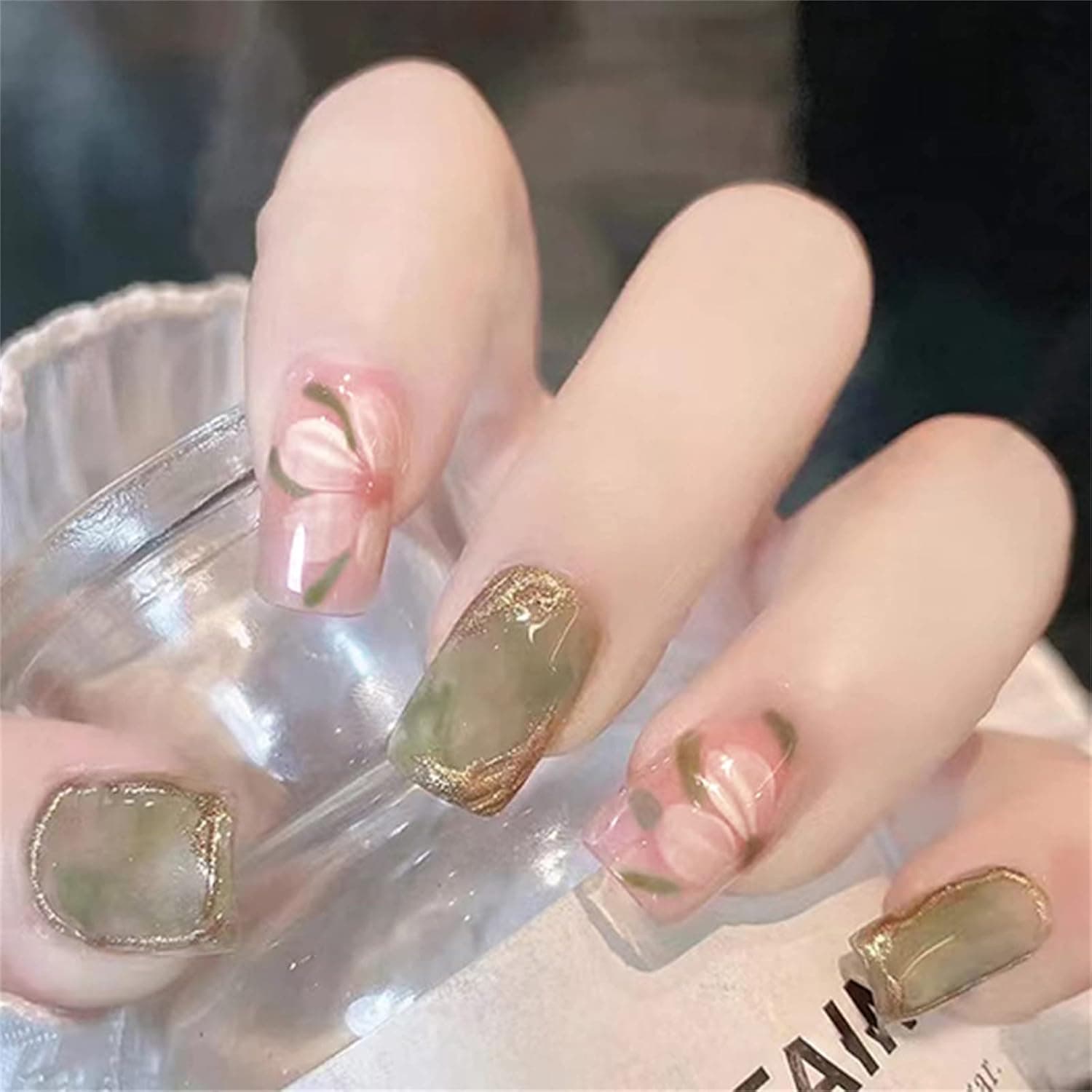 VOTACOS Press on Nails Short Square Fake Nails Nude False Nails with Kawaii Green Marble Design Glossy Stick on Nails for Women