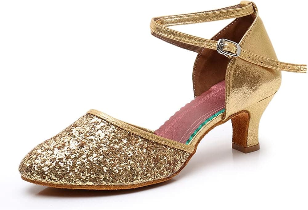 URYZE Latin Dance Shoes Sequin Mid Heel Dancing Heels Silver Ballroom Salsa Dance Shoes Practice Performance Tango Shoes