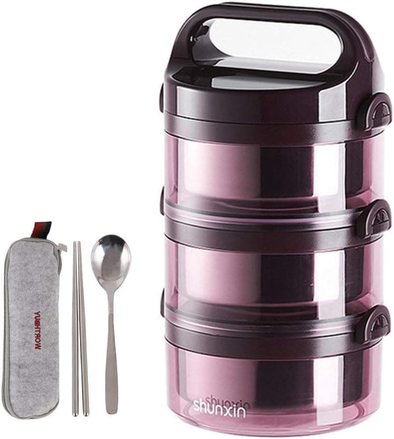 Stackable Bento Box Stainless Steel Lunch Boxes Insulated Detachtable Food Container with Handle Leakproof Lunch Containers for Adults(Purple-3 Tiers)